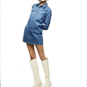 Zara Denim Long Sleeve Drop Waist Retro  Boho Mini Dress Jean Size Large.